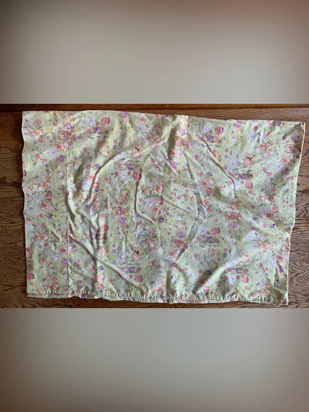 vintage style whimsical pillowcase pastel Easter bunny florals soft green